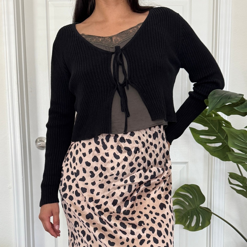 Everlane Ribbed Tie Front Cropped Cardigan Size L Black Wool Organic Cotton Goth